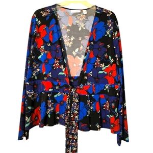 Susan Graver Black Floral Liquid Knit Tie-Front Shrug Peplum Boho Jacket 1X EUC